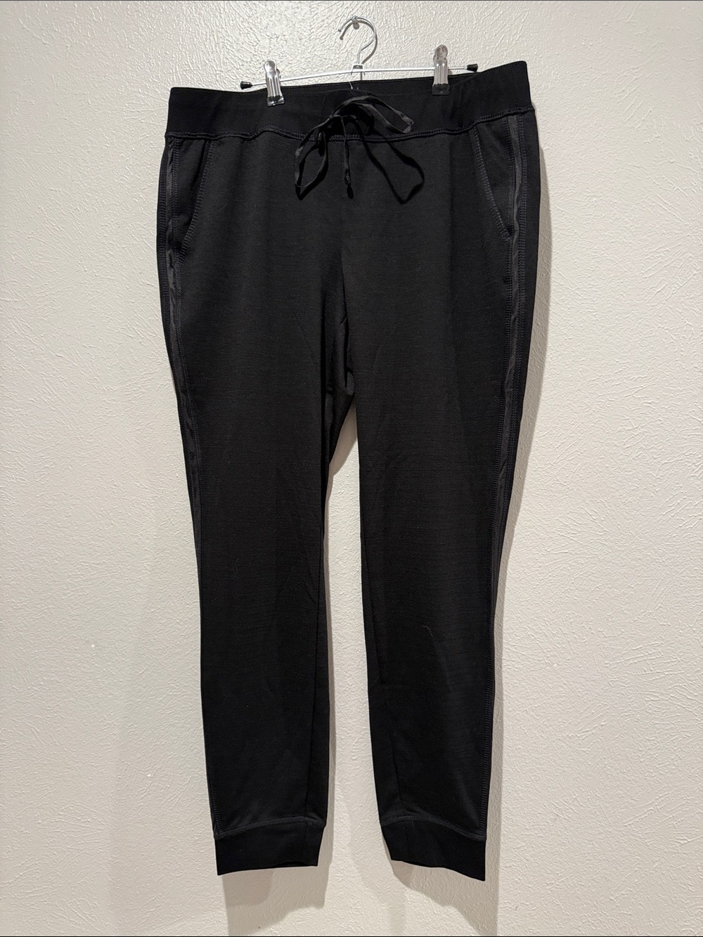 Black Drawstring Jogger Pants. Waist 17-19”. Rise 10”. Inseam 28”